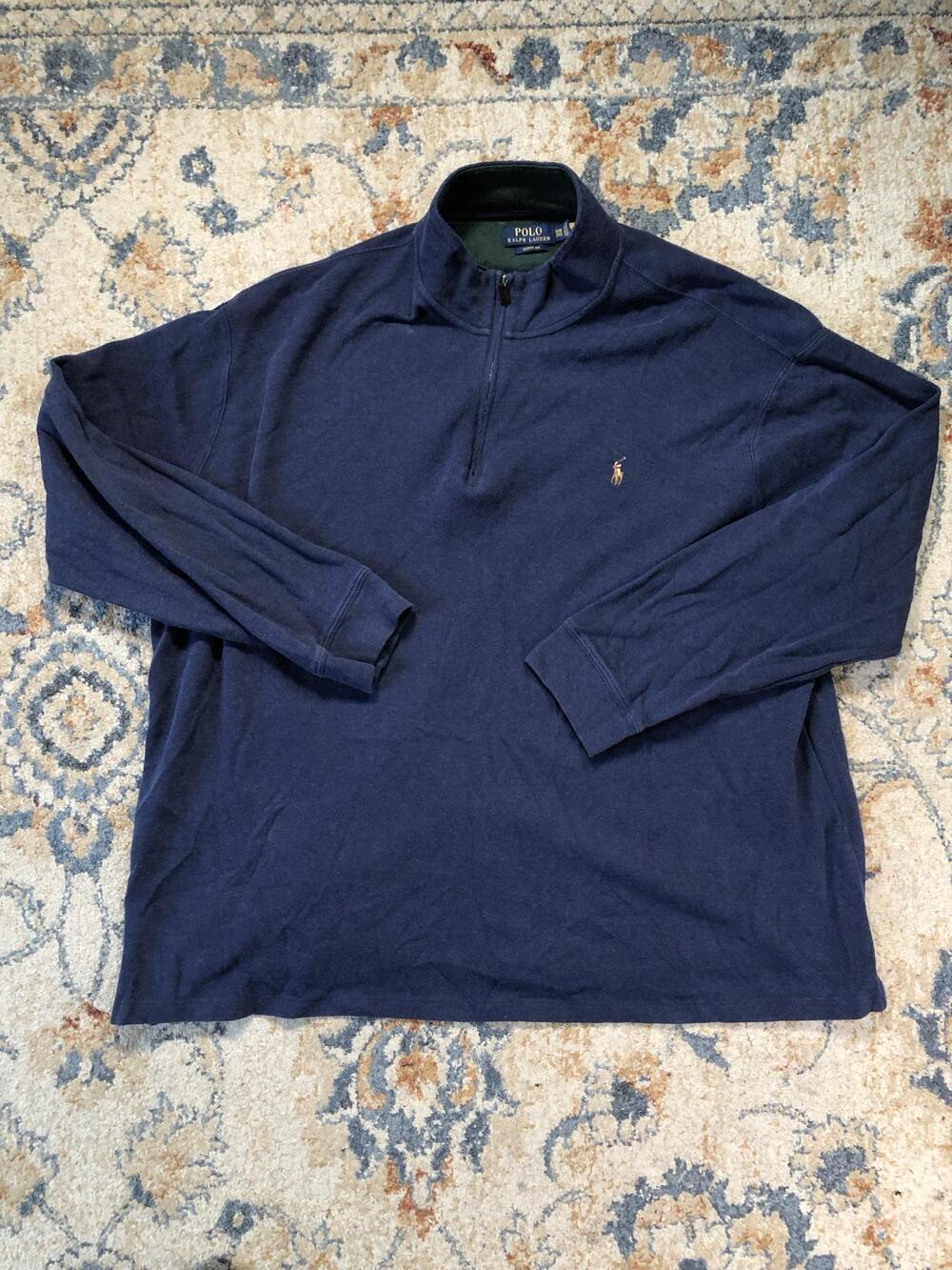 Polo Ralph Lauren Sweater Mens Big 3X Blue Cotton Quarter Zip Mock Neck Pullover